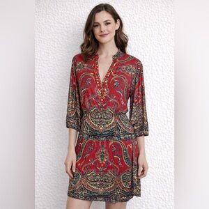 Alloy Apparel Red Paisley Beaded Stretch Midi Dress Size M